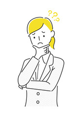 スーツの女性のイラスト。若い女性はクエスチョンマークを出して考えこんでいる。