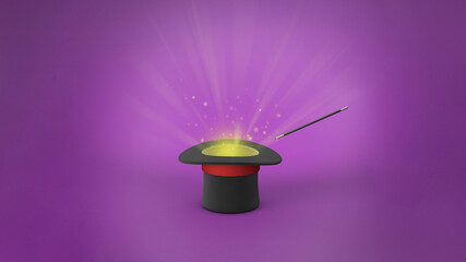 Magician hat. Light rays from a black top hat with a red ribbon and a magic wand. Purple background. 3d render.