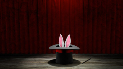 Magician hat. Rabbit ears stick out with a black top hat with a red ribbon and a magic wand. Red curtain with wooden floor. 3d render.