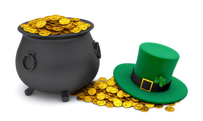 St. Patrick's Day. Green Leprechaun Hat with Clover and Treasure pot full of gold coins. isolated on white background. 3d render.
