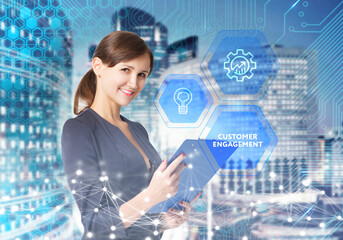 Business, Technology, Internet and network concept. Young businessman working on a virtual screen of the future and sees the inscription: Customer engagement