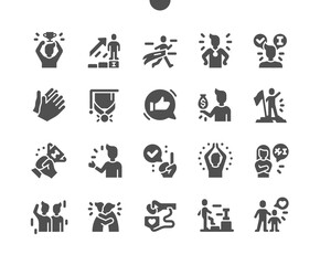 Praised and satisfied people. Successful person. Praise friends, family support. Good reviews. Applause. Victory, medal, award and prize. Vector Solid Icons. Simple Pictogram
