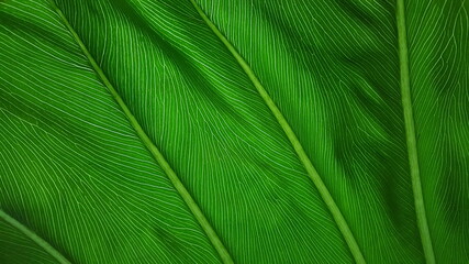 grünes Blatt einer Bananen Pflanze mit feinen Linien und großen Rippen Nahaufnahme - obrazy, fototapety, plakaty