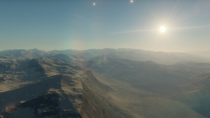 beautiful view from an exoplanet, a view from an alien planet, a computer-generated surface, a fantastic view of an unknown world, a fantasy world 3D render