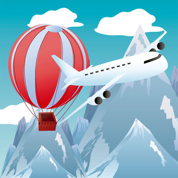travel mountains peaks plane and hot air balloons adventure tourism