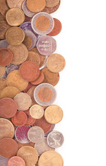 Coins of different countries on a white background.
