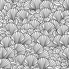 Coloring book. Seamless pattern of the sea floor, shells, corals.