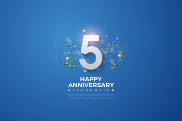 5th Anniversary with glowing white numbers. - obrazy, fototapety, plakaty