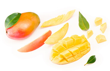mango slice with green leaves isolated on white background. top view