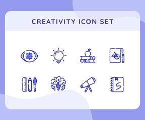 creativity icon icons set collection collections package eye focus bulb brain telescope sketch book white isolated background with outline style
