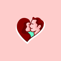 Happy Valentine Day logo for greeting card,
Couple in love concept in flat vector illustration. 
Valentine day logo for greeting card with hugging funny couple