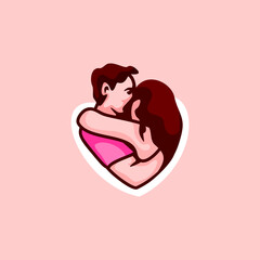 Happy Valentine Day logo for greeting card,
Couple in love concept in flat vector illustration. 
Valentine day logo for greeting card with hugging funny couple
