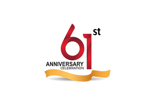 61 anniversary design logotype red color and golden ribbon for celebration isolated on white background