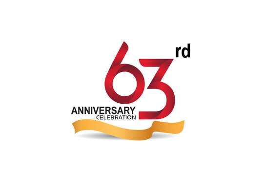 63 anniversary design logotype red color and golden ribbon for celebration isolated on white background