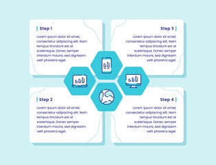 management infographic diagram four step chart bar smartphone computer laptop earth for banner template fyer poster presentation with outline style