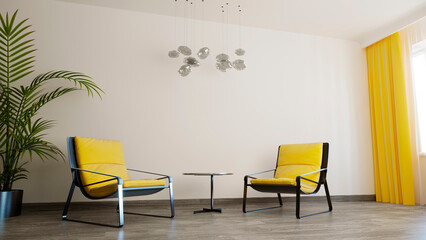 3d illustraton of white room with two yellow armchairs. Psychologist office.