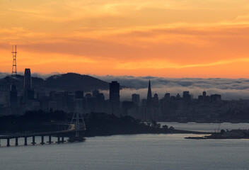 sunset over the city of San Francisco seen from Berkeley Lawrence Hall of Science