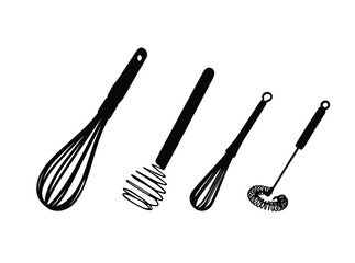 set of isolated kitchen whisks. black vector white background. preparation of confectionery and food.