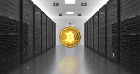 Bitcoin Mining Process. High Tech Futuristic Server Room. Gold Bitcoin. Technology And Business Related 3D Animation. - Powered by Adobe