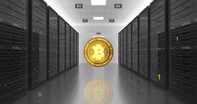 Bitcoin Mining Process. High Tech Futuristic Server Room. Gold Bitcoin. Technology And Business Related 3D Animation.