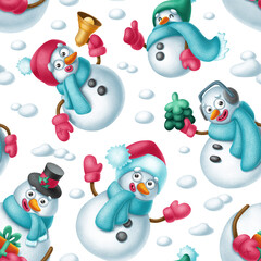 Winter seamless pattern snowmen. Merry Christmas holiday, New Year mood cute illustration. Cartoon design isolated on white