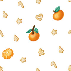 Winter seamless pattern with cake, orange, tingerines. Merry Christmas holiday, New Year mood cute illustration. Cartoon design isolated on white