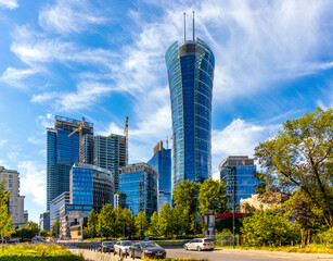 Warsaw Spire office tower of Immofinanz at rising above Wola business district of Warsaw, Poland