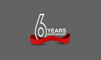 6 years anniversary line style white color with red color ribbon isolated on dark grey background can be use for party, invitation and celebration event