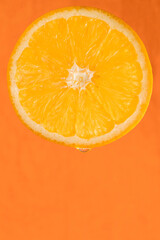 Slice of fresh orange on orange background. Copy space, macro, vertical orientation