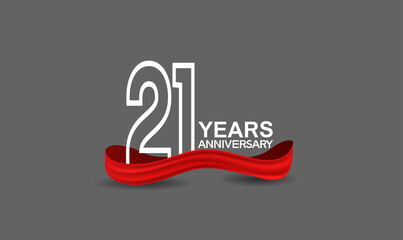21 years anniversary line style white color with red color ribbon isolated on dark grey background can be use for party, invitation and celebration event