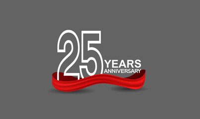 25 years anniversary line style white color with red color ribbon isolated on dark grey background can be use for party, invitation and celebration event
