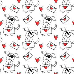 Vector Seamless pattern. Cute contour little dog with love letter and hearts. Hand drawn doodle. Background and texture on theme of Valentine's Day, sending and receiving post, confessions of feelings