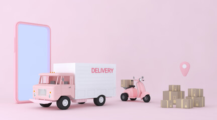 Shopping online express delivery service concept, fast response delivery by scooter, courier Pickup, Delivery, Online Shipping Services. 3d Rendering.