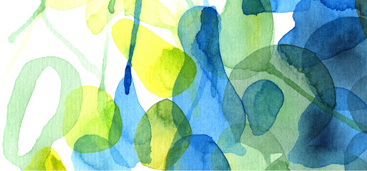 Watercolor abstract social media template, paint splashes, blue and green. Liquid Artwork. Sophisticated Background. Modern Digital Paper. White Pattern. Raster stock illustration, white isolated.