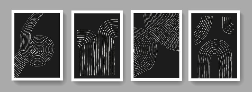 Trendy set of A4 abstract minimalist composition. Contemporary art. Mid century modern illustrations. Hand painted monochrome posters.