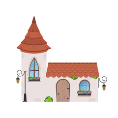 Obraz premium House with a tower. Stone building with windows, door and roof. Cartoon style. For the design of games, postcards and books. Isolated Vector illustration.