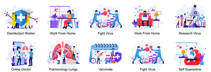 Set of COVID-19 Coronavirus illustration, Doctor and nurses fight the virus, Coronavirus disease concept flat vector illustration