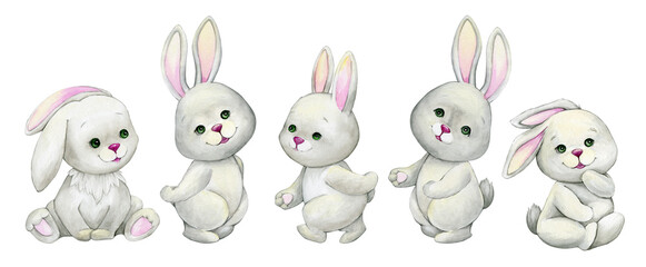 konijnen, zittend, aquarel dier, cartoon stijl, op geïsoleerde achtergrond.