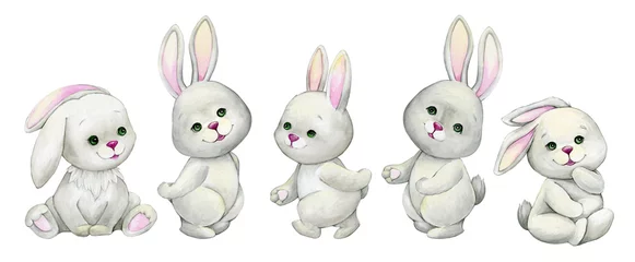 Foto op Plexiglas Schattige konijntjes konijnen, zittend, aquarel dier, cartoon stijl, op geïsoleerde achtergrond.