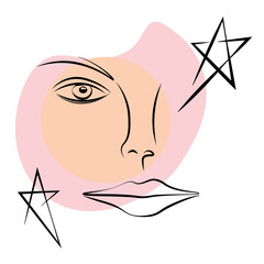 Beautiful person face, minimal abstract poster, line drawing and color spots, fashion concept, vector illustration.  