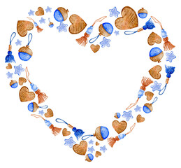 Heart frame with tassels of blue and beige yarn with strung beads. Wooden Hearts, acorn toys, blue stars.Isolated on white. Watercolor hand-drawn elements. Perfect for home decor, Valentine Day cards.