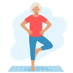 Mature elderly woman performs the exercise standing on the mat. Isolated on a white background.