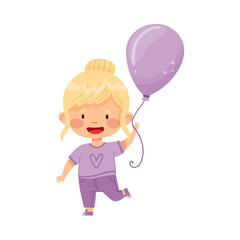 Little Girl Holding Violet Toy Balloon Vector Illustration