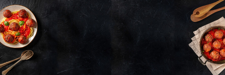 Meatballs panoramic banner with a place for text on a dark background