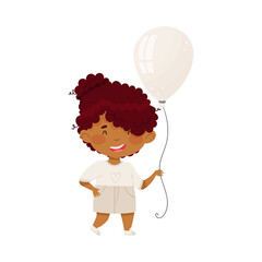 Smiling Girl in White Clothing Holding White Toy Balloon Vector Illustration