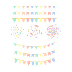 Set of colorful pastel flags, garland, and confetti pattern on white background. Multicolored festival bunting design elements for decoration of greetings cards, invitations, festa junina brazil.