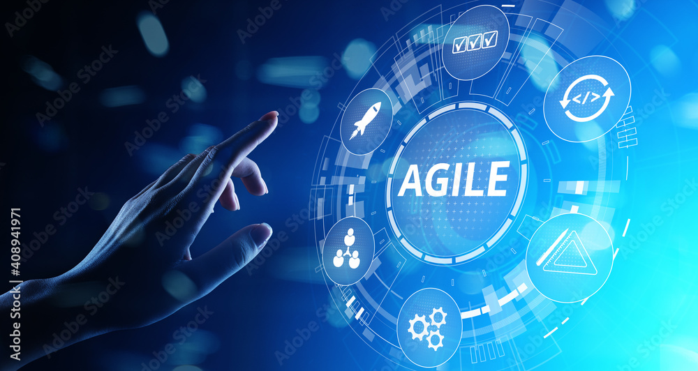 Poster agile development methodology concept on virtual screen. technology concept.