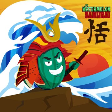 Illustration watermelon use costum samurai on the sea japanese style. Design good for poster and T-shirt screen printing clothes design.