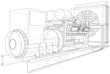 Gas engine is an internal combustion engine which runs on a gas fuel. Wire-frame line isolated on white. Vector rendering of 3d.