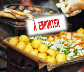 French text FOOD TO TAKE OUT or TAKEAWAY. Sign in restaurant announcing that is takeaway only due to coronavirus restrictions